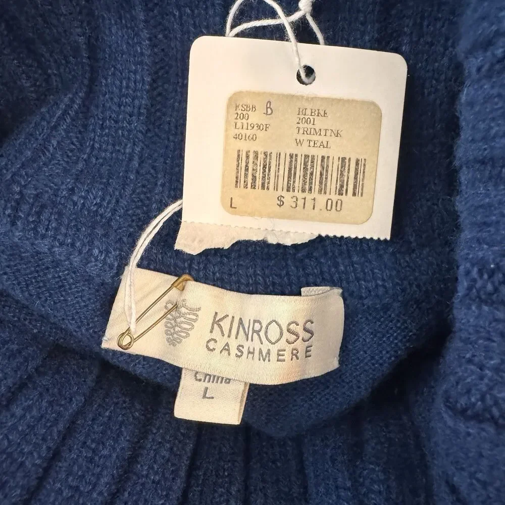 NWT Kinross 100% Cashmere Sweater L Turtleneck $311 Teal Blue Soft Knit Ribbed
